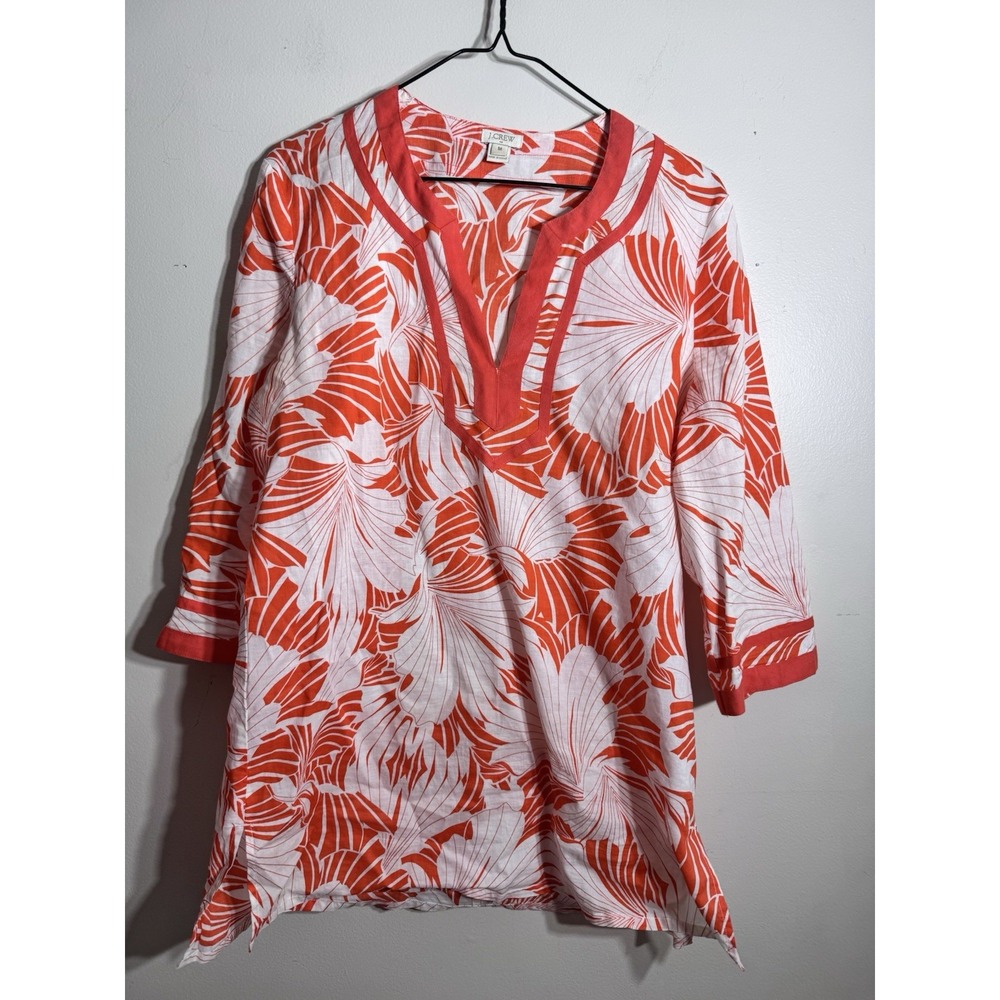 J. Crew Women's Mid 3/4 Sleeve Tunic Top V Neck 100 Cotton Orange Floral Size M